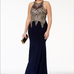 Embroidered Mesh Mermaid Navy and Gold Dress